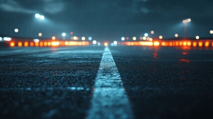 Obraz premium A wet road at night with glowing lights, suggesting a racing or driving scene.