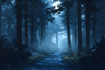 Obraz premium A Path Through a Foggy and Dark Forest