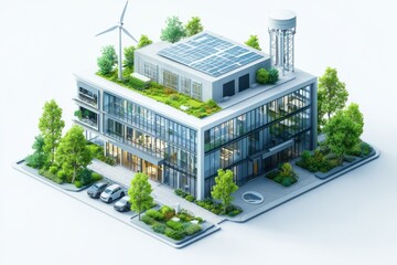A contemporary office building featuring sustainable elements like solar panels, a green roof, and sleek glass architecture, surrounded by lush greenery and a minimalist parking area.