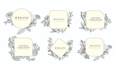 Floral decoration set wreath and round labels. Drawn line wedding herb, elegant leaves for Floral frame & Wedding wildflowers for invitation save the date card Etc.