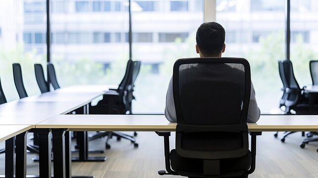 Man sitting alone in an empty office, gazing at an empty desk with a few personal items, symbolizing job loss and layoffs, conveying a sense of uncertainty and reflection
