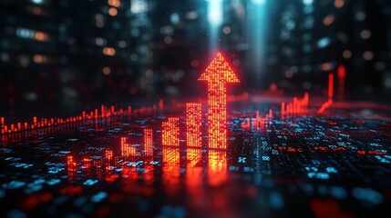 Fototapeta premium Red Up Arrow with Bar Chart on a Digital Background