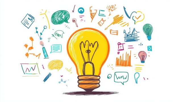 Hand-drawn Illustration of a Lightbulb Surrounded by Colorful Doodles