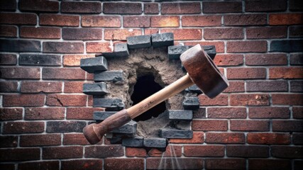 Sledgehammer breaking through a brick wall, depicting demolition or breakthrough concept.