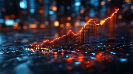 Glowing Upward Trend Arrow on a Digital Landscape