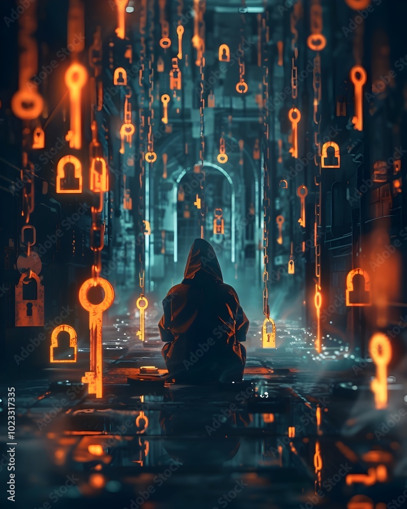 Poster hacker surrounded by glowing locks and keys representing access to hidden information