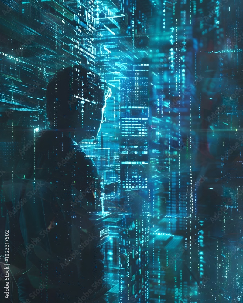 Poster hacker infiltrating a virtual city of glowing code and data