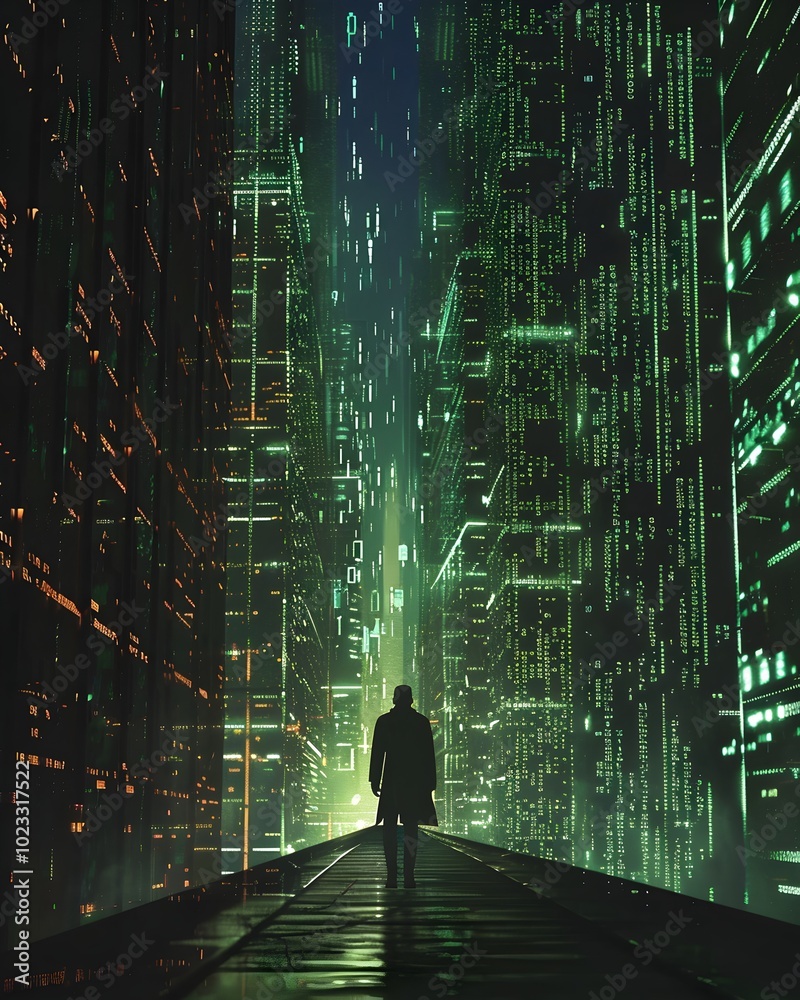 Poster hacker infiltrating a virtual cityscape made of glowing digital code and data