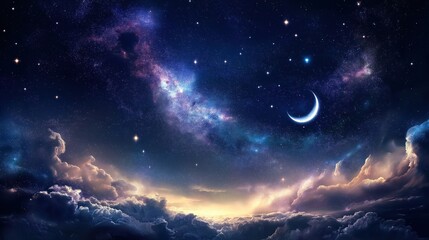 Fototapeta premium Panoramic night sky filled with bright stars, swirling galaxies, and glowing nebulae, contrasting against the pitch-black space