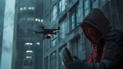 Hacker Utilizing Drone for Covert Surveillance and Network Intrusion in a City Skyline