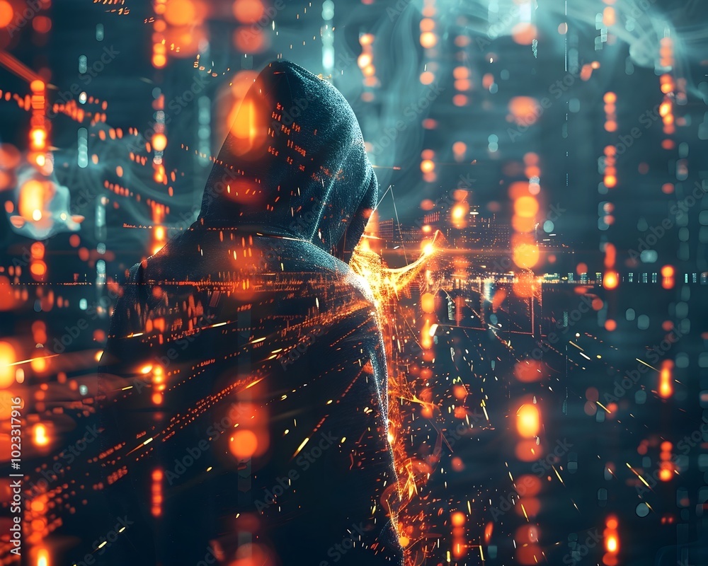 Poster hacker breaching digital firewall with fiery data streams and glowing cracks in the code