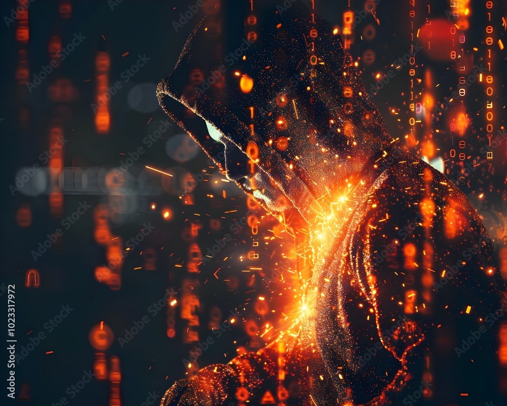 Poster hacker breaking through digital firewall with fiery data streams and glowing code cracks