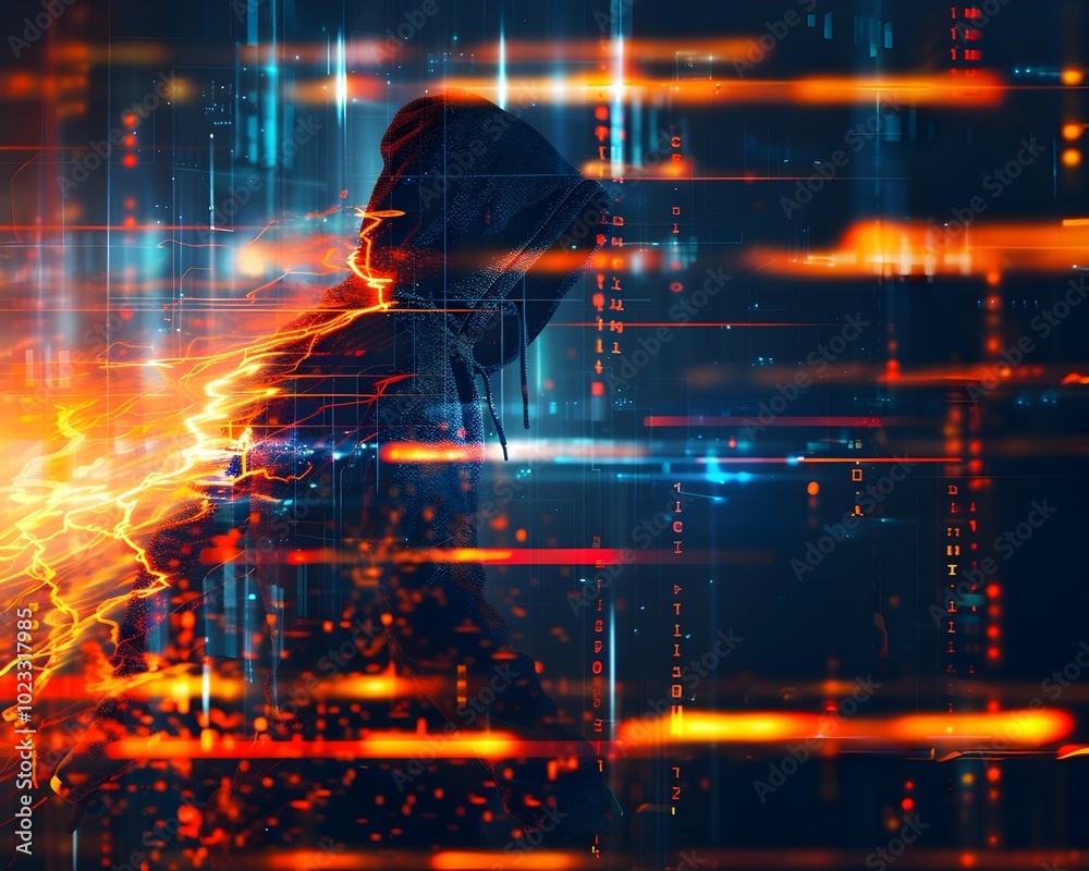 Poster hacker breaching digital firewall with fiery data streams and glowing code cracks