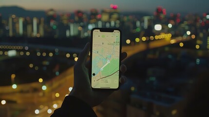 Aerial view of a smartphone displaying a map with a highlighted route, showcasing location sharing feature. GPS,geotag,digital,mobile,app,Navigation, Travel