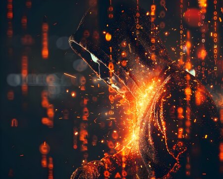 Hacker Breaking Through Digital Firewall with Fiery Data Streams and Glowing Code Cracks