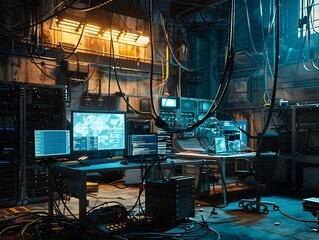 Gritty High Tech Hacker s Lair in Abandoned Warehouse with Flickering Screens and Gadgets