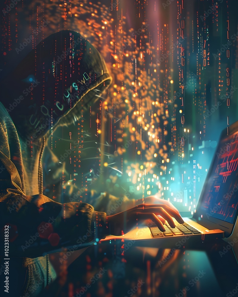 Poster hacker typing rapidly as digital symbols and numbers spiral out from keyboard forming complex patter