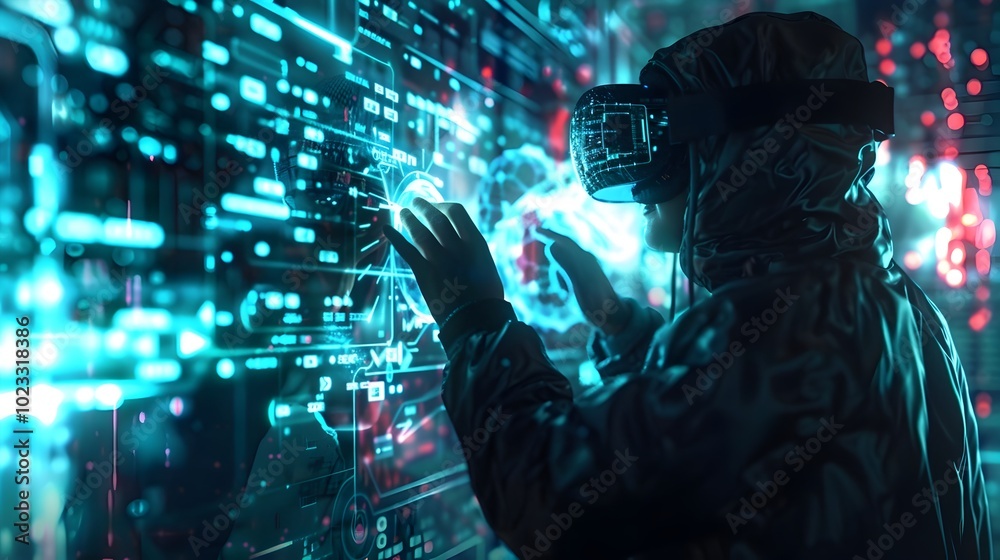 Poster hacker infiltrating and manipulating virtual reality world to uncover hidden secrets and data