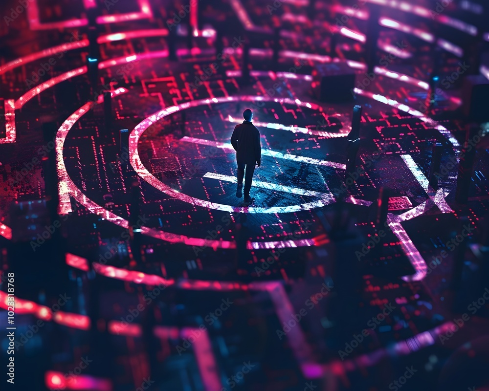 Poster hacker navigating through a labyrinth of digital challenges