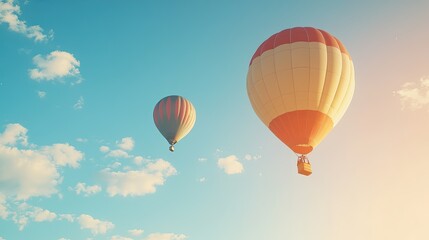 Fototapeta premium Hot air balloons rising into the summer sky, with clear space for copy. Bright and adventurous summer scene