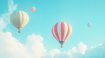 Fototapeta premium Hot air balloons rising into the summer sky, with clear space for copy. Bright and adventurous summer scene