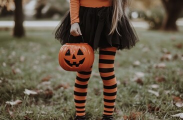 Obraz premium Young Girl in a Halloween Costume Holding a Jack-o'-Lantern