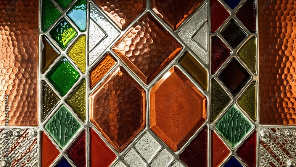 Poster Colorful geometric stained glass pattern with copper accents.