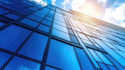Obraz premium Modern office building with sleek metal and glass panels under a bright sky. Room for your content