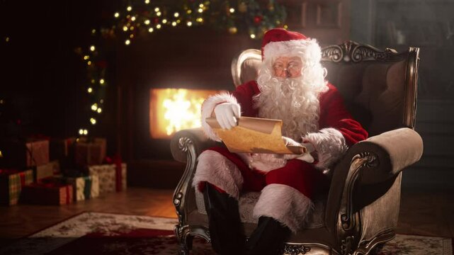 Inside Santa Claus home, old wizard relaxing in chair and reading ancient scroll . Magical Christmas night, Santa examining old manuscript, portrait in decorated room, actor with long white beard
