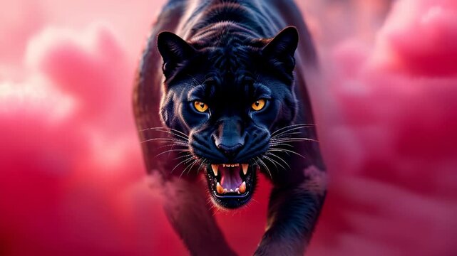 Black jaguar with a furious expression emerges from the pink smoke