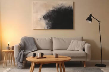 Cozy Living Room Interior with Sofa, Coffee Table, and Abstract Painting