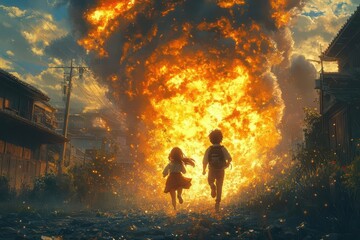 Fototapeta premium dynamic action scene of an anime boy and girl running away from a dramatic explosion showcasing vivid colors and energetic composition emphasizing adventure and excitement