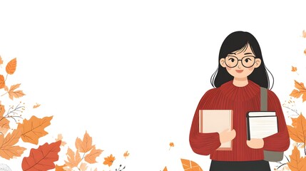 A flat vector illustration of a woman with black hair, wearing glasses and a red sweater, holding books in her hand and carrying a shoulder bag on the other side, surrounded by autumn leaves