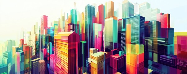 Obraz premium Vibrant city skyline with colorful geometric buildings, showcasing modern architecture and urban life in a creative art style.
