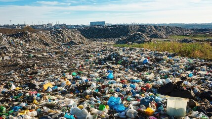 A vast landscape of discarded plastic and waste at a landfill site, highlighting the environmental impact of pollution.