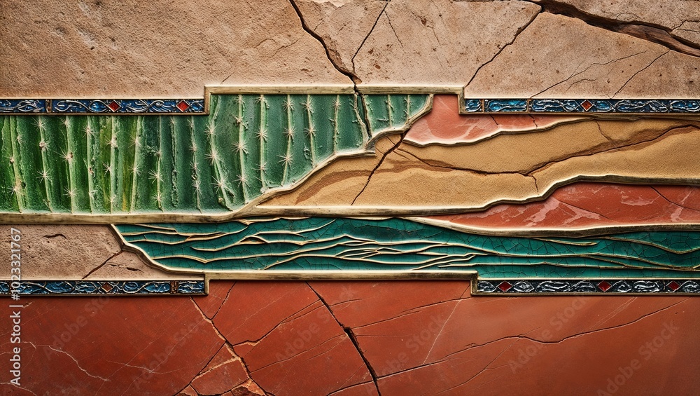 Poster Intricate mosaic design featuring desert landscape with cactus, sand, and water, framed with.