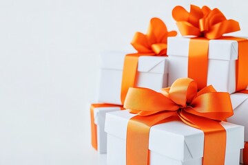 Gift boxes with orange ribbons on white