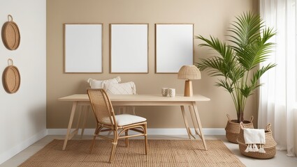 Cozy tropical home office interior design with poster frame