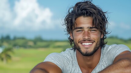 Close-up of a man smiling broadly, with visible shaking hands, surrounded by lush green fields under a bright blue sky, capturing an intense moment of joy, Ultra-Realistic, Photo Realistic, 