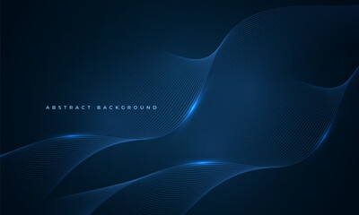 Abstract dark blue vector background with glowing blue wavy lines.