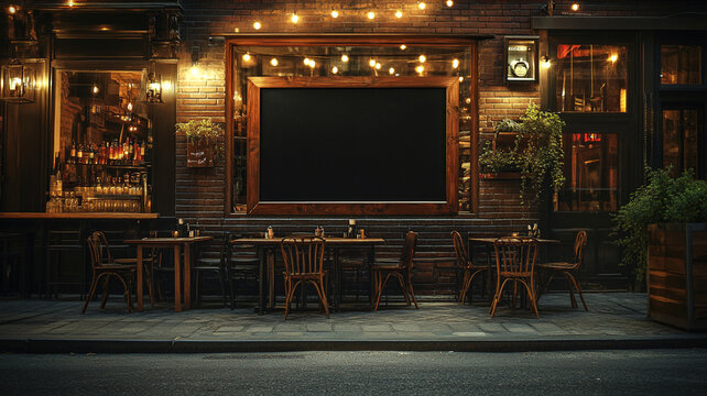 a blank black chalkboard sign in front of a restaurant