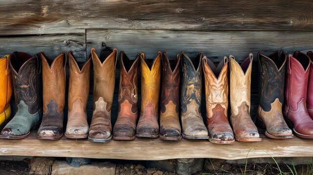 A row of old cowboy western boots standing on a wooden shoe stand. Shoes near the entrance to the ranch house.