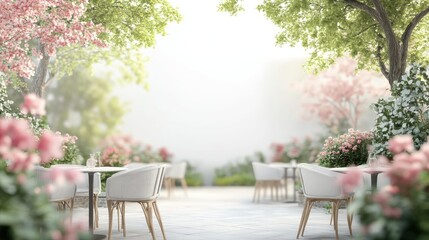 Fototapeta premium Scenic outdoor summer cafe setup with chairs and flowers. Space for text in the background