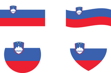 Slovenia flags set. Circle icon. waving flag. heart shape icon. Various designs