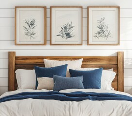 Stylish farmhouse bedroom featuring a rustic wooden bed with blue accent pillows. 