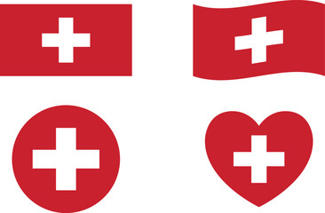 Obraz premium Switzerlands flags set. Circle icon. waving flag. heart shape icon. Various designs