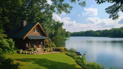 Fototapeta premium Scenic summer cabin by a lake, with lush greenery and room for copy in the open sky
