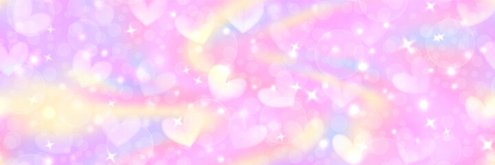 Cute girly pastel unicorn bg with hearts, stars and bubbles on pink sky as seamless pattern. Candy sweet princess gradient background. Vector abstract illustration © Kusandra