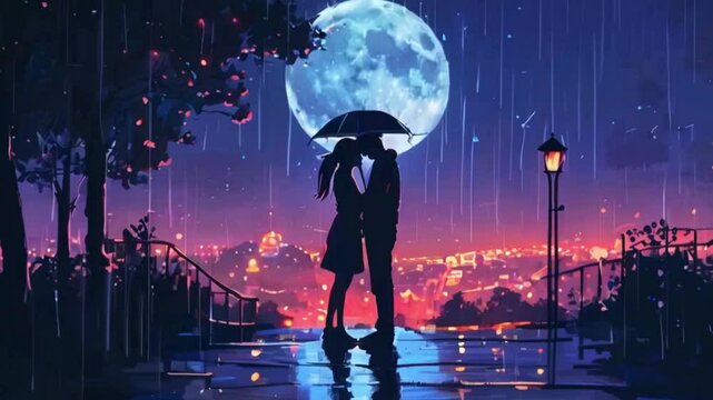 couple night love with rain and moon