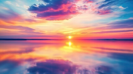 Fototapeta premium Scenic sunset over a calm summer lake, with space for text in the colorful sky